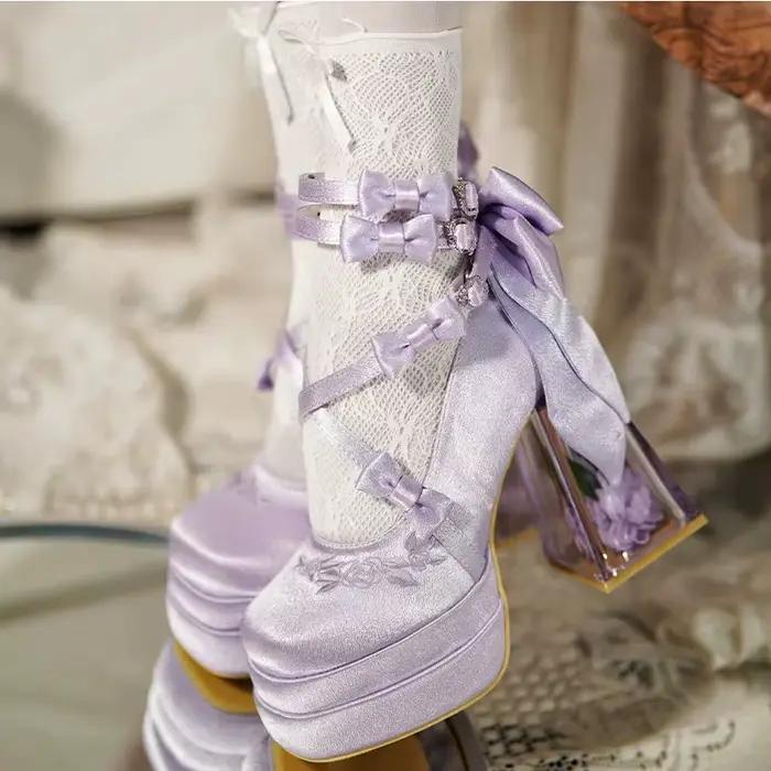 Kawaii 2025 nouveau Original Lolita talons hauts douce fille Satin nœud ruban élégant Mary Jane chau