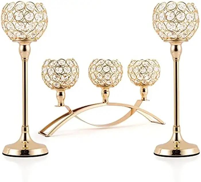 Bougeoirs dorés pour centres de table, photophore ci-après, porte-élabre, 3 bras pour salon, décorat