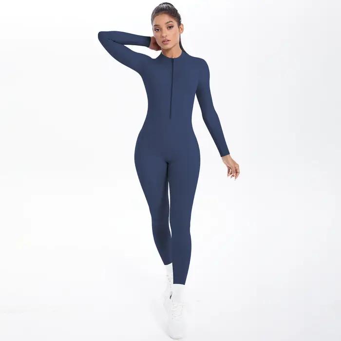 Body de couleur unie pour femmes, dos nu, manches longues, fermeture éclair, combinaisons de Yoga, h