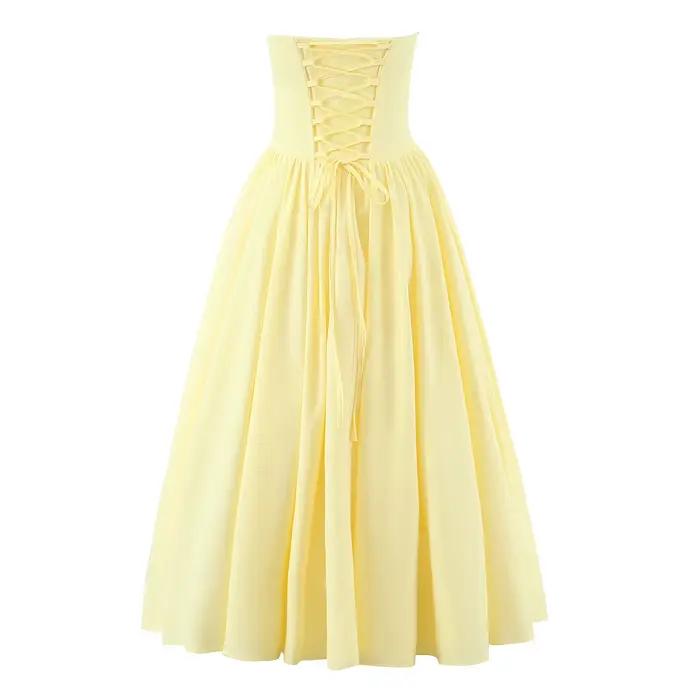 3 couleurs Sexy fil poitrine désossage taille mince longue robe sans bretelles femmes croix laçage d