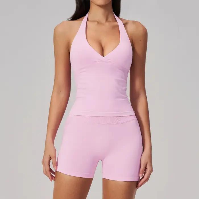 Nouvelle tenue de yoga pour femme avec col halter coupe ajustée survêtement sportif extérieur été séchage rapide activité physique fitness