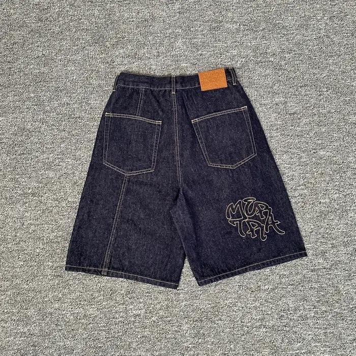 Short en Denim pour hommes, Streetwear, avec lettres brodées, droit, bleu délavé, Baggy, longueur au