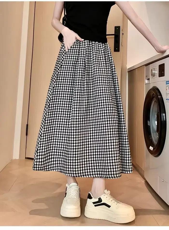 Jupe trapèze à carreaux noir et blanc pour femmes, légère, taille haute, longue, pour Petite, aminci