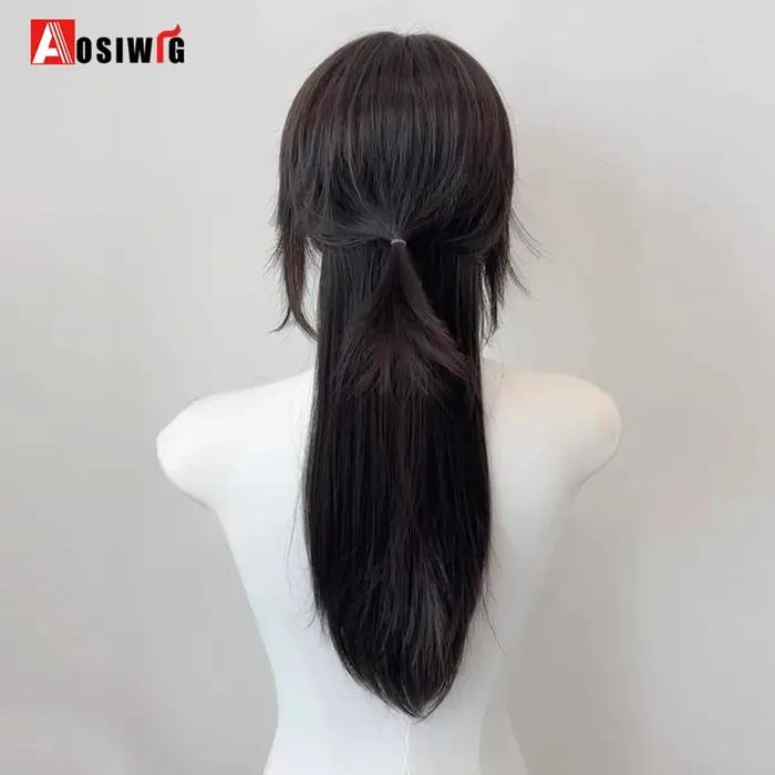 AOSI – perruque synthétique longue et lisse noire, tête de mulet, queue de loup, couches moelleuses