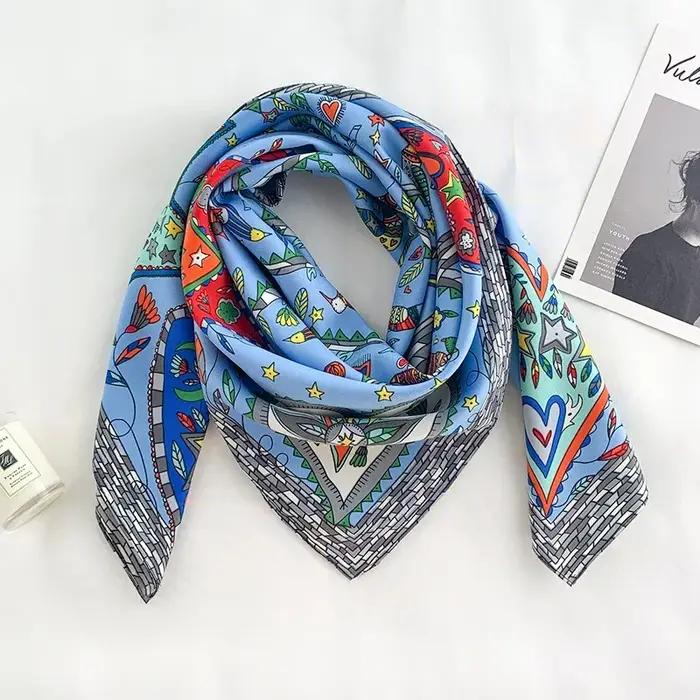 Foulard carré en sergé de soie pour femmes, châles et enveloppes de tête de luxe, imprimé arbre à ch