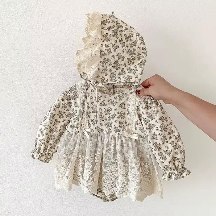 Body + chapeau pour nouveau-né fille, en coton imprimé, couture en dentelle, combinaison pour bébé f