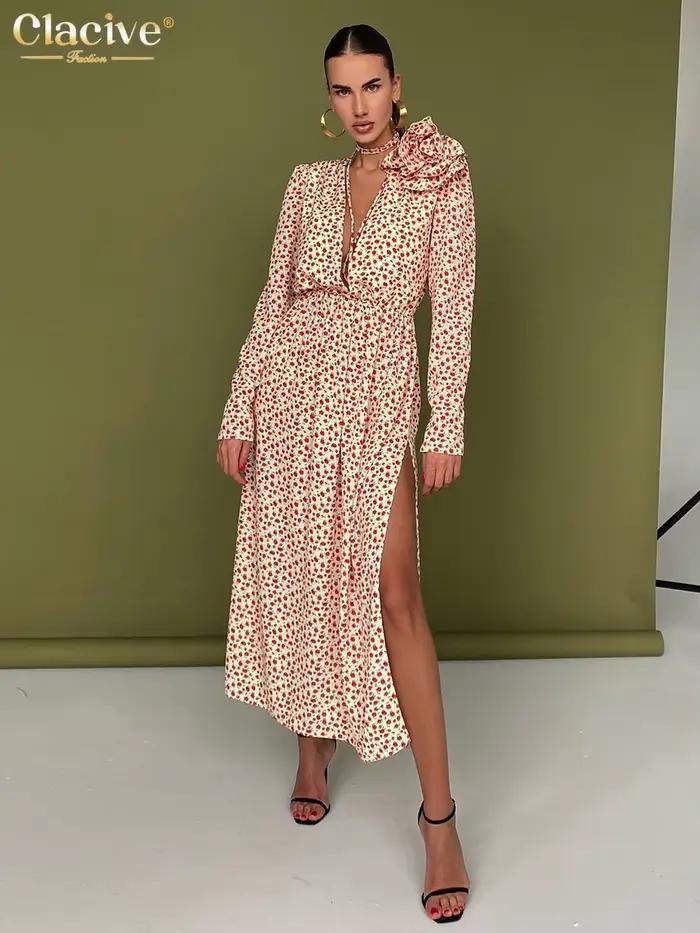 ClacMarkets-Robe mi-longue sexy à col en V profond pour femmes, robes de soirée fendues taille haute