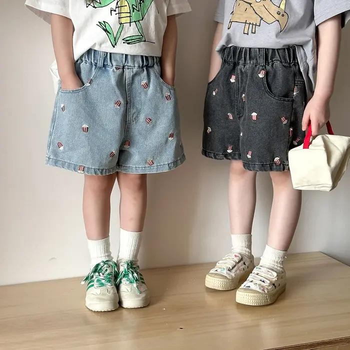 Shorts en jean d'été 2026 pour enfants (80-150 cm) – Broderie Popcorn, taille élastique, décontracté