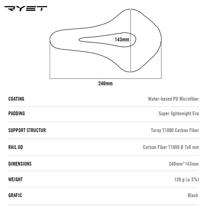 Selle vélo carbone RYET ultra léger cuir - Siège route VTT racing ovale rail 7x9 coussin doux