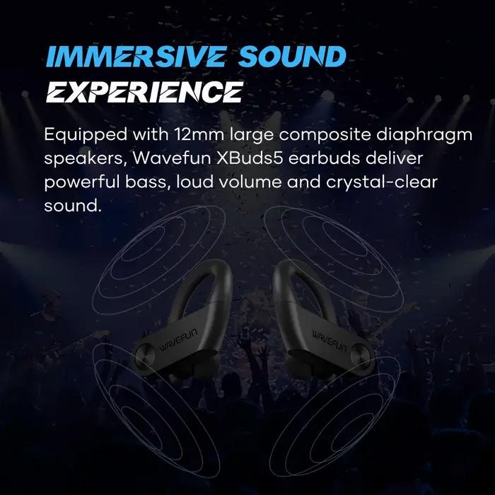 Wavefun-Écouteurs Bluetooth XBuds 5 avec crochet d'oreille et étui de charge, écouteurs étanches ave