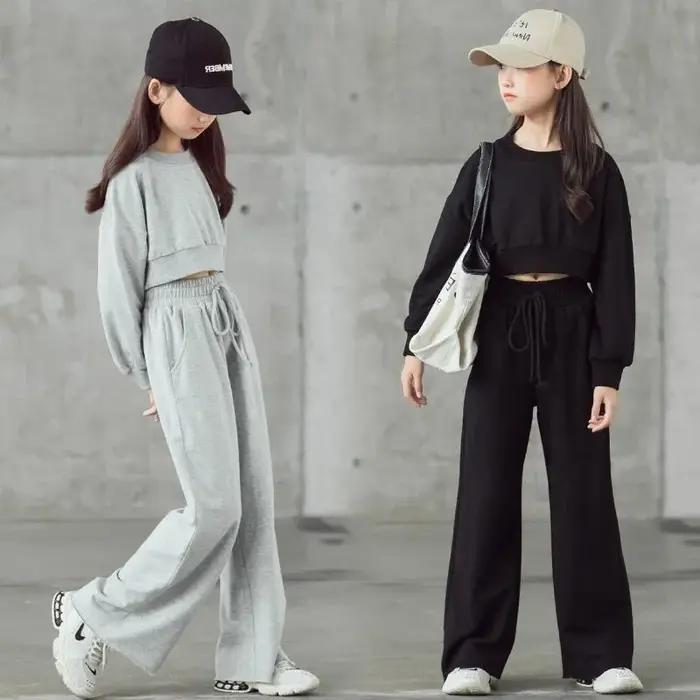 Ensemble de couleur unie pour filles, pull court à manches longues et pantalon, 2 pièces, nouvelle m