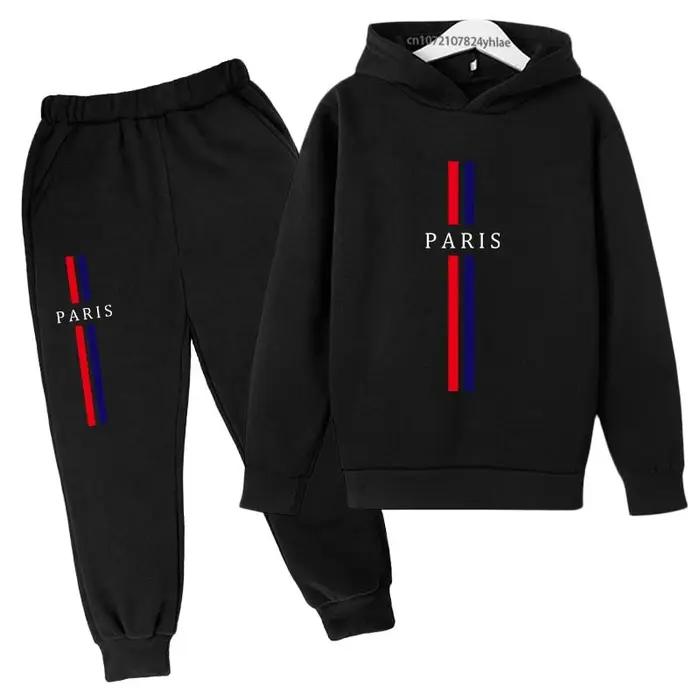 Enfants automne printemps décontracté Paris imprimer 2 pièces sweat à capuche + pantalon survêtement