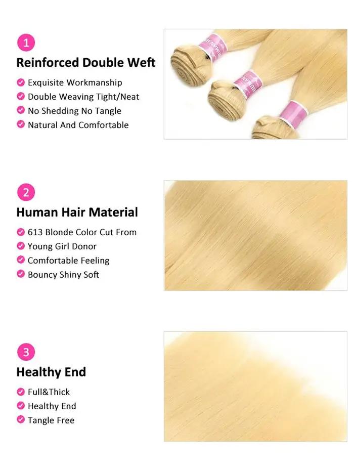 Tissage en lot brésilien Remy naturel lisse blond miel 613, extensions de cheveux, 8 - 40 pouces, ac
