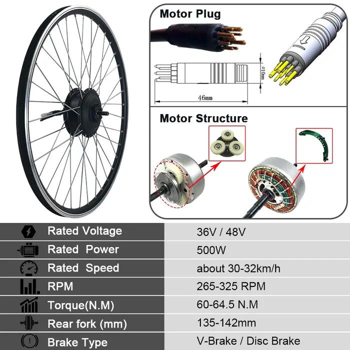 Kit de roue à moteur électrique 36V 48V 500W pour vélo avant transformation en vélo électrique robuste sans balais pour déplacements silencieux et fluides
