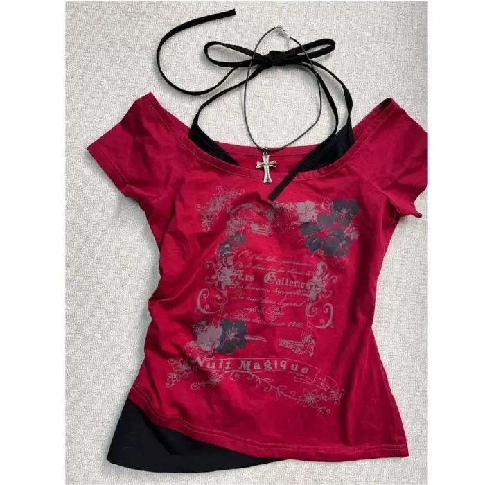 T-shirt Vintage Été 2026 Effet Deux Pièces Halter à Lacets Y2K Coupe Slim Imprimé Femme Épaules Dénu