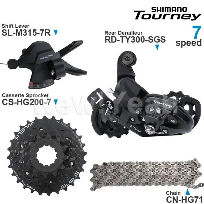 Groupe de transmission SHIMANO Tourney 7 vitesses comprenant SL-M315, RD-TY300, CS-HG200, MF-TZ500,