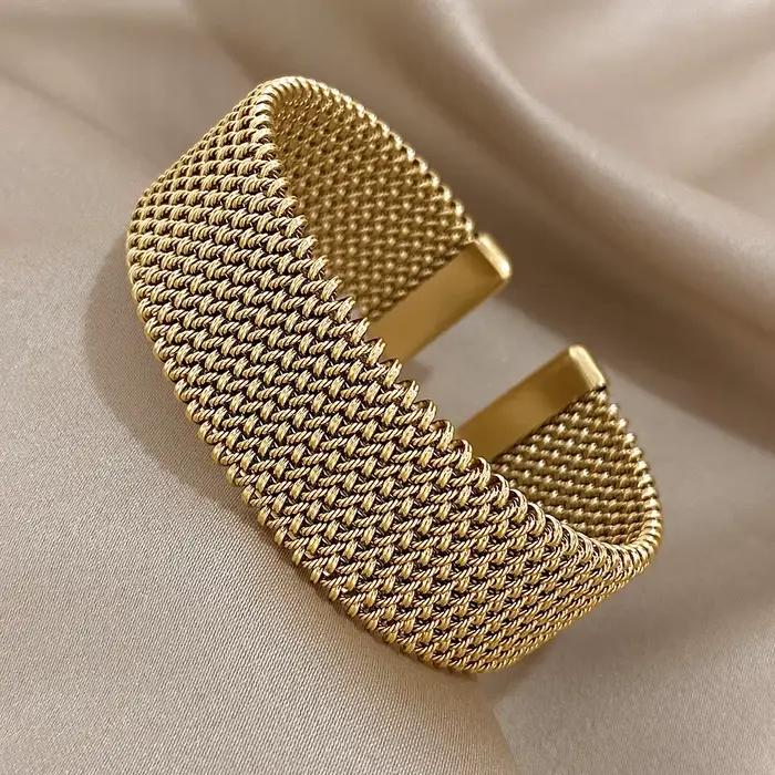 Bracelets manchette doré tissés Vintage pour femmes, élégants, tendance, en acier inoxydable, épais,