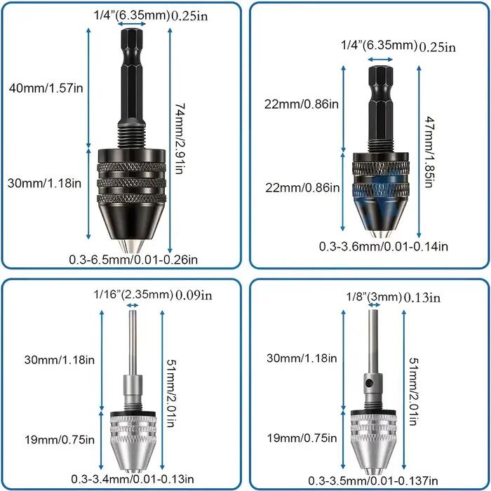 Mandrin de perçage sans clé, 1/4, 1/8, 1/16 pouces, tiges hexagonales et rondes, petit adaptateur de