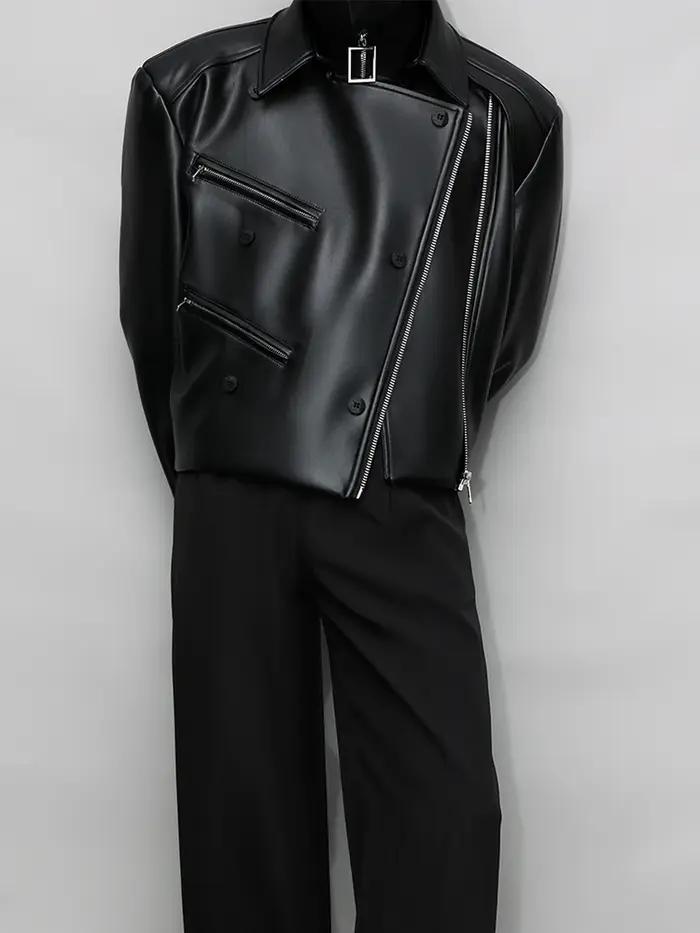 Mauroicardi-Veste en cuir PU pour homme, manches longues, col montant, vêtements de créateur de luxe