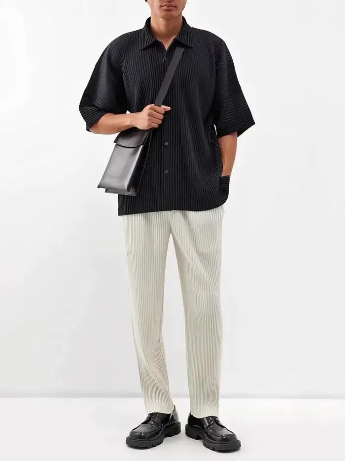 Miyake chemise à revers plissée à manches courtes t-shirt pour hommes chemise unie chemise boutonnée
