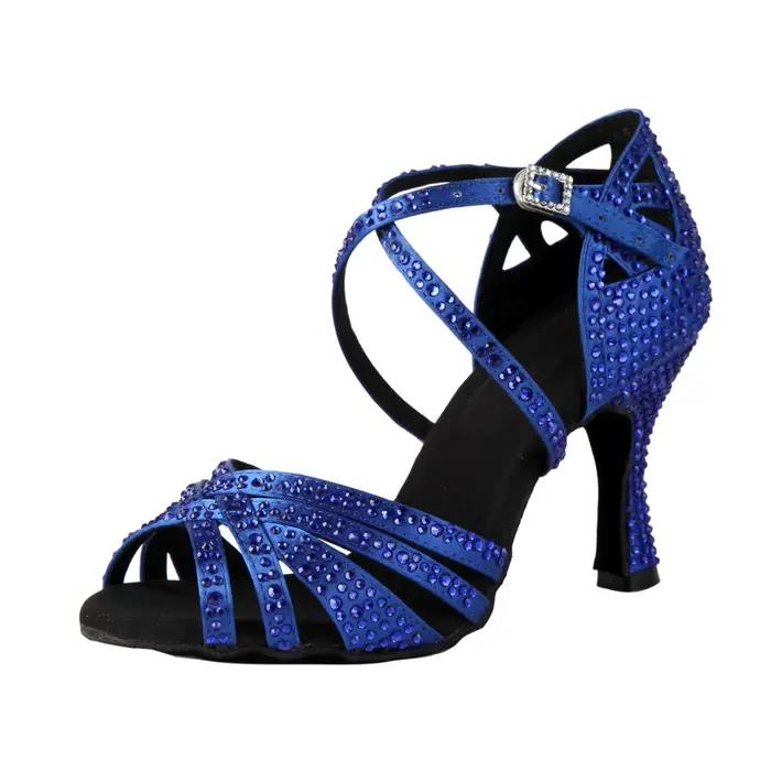 Chaussures danse latine diamants abricot noir bleu - Talons 7.5cm professionnels adultes femmes