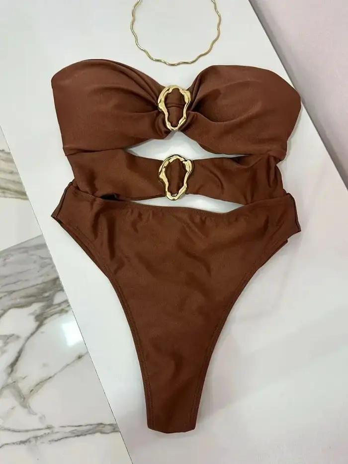 3 couleurs Sexy anneaux en métal découpé femmes maillots de bain une pièce maillot de bain femme Ban