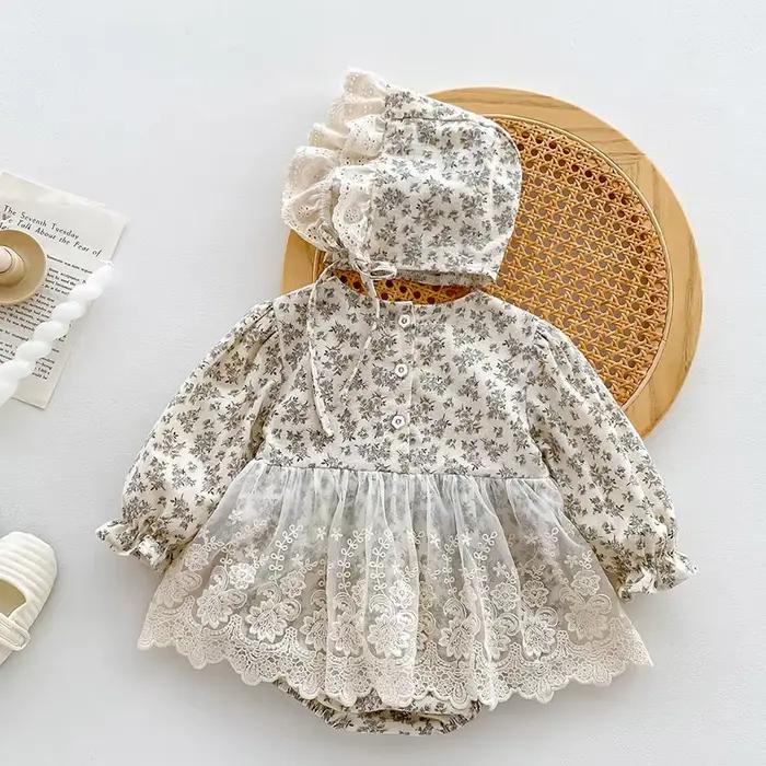 Body + chapeau pour nouveau-né fille, en coton imprimé, couture en dentelle, combinaison pour bébé f