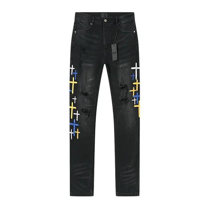 2025 nouveau trou de rayure détruit hommes haute rue coupe ajustée maigre noir clair broderie Denim