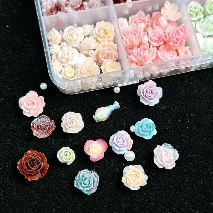 Breloques pour ongles en résine mixte 3D, 12 grilles, fleur de Rose, strass à dos plat, bricolage, d
