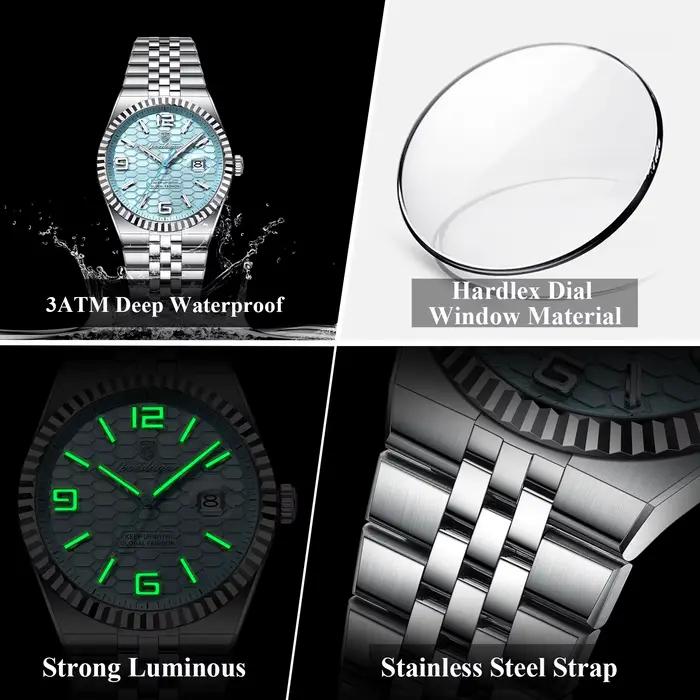 POEDAGAR haute qualité originale montre pour hommes étanche lumineux en acier inoxydable calendrier