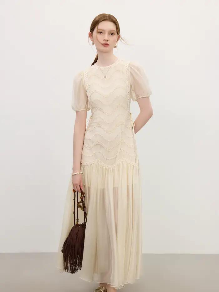 FSLE 2025 été femmes maille broderie robe évider épissage bulle manches taille cravate Y2K à la mode