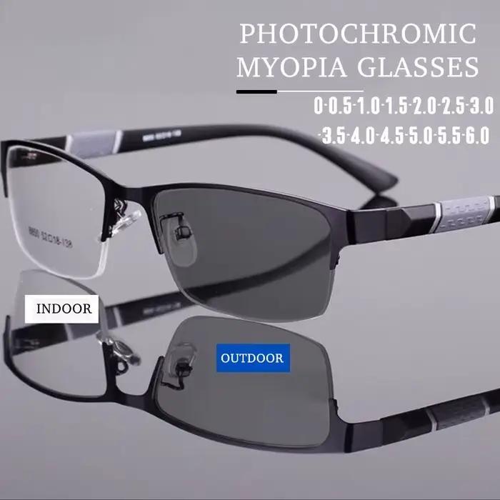 Lunettes de myopie photochromiques vintage pour hommes, demi-monture en métal, lunettes bloquant la