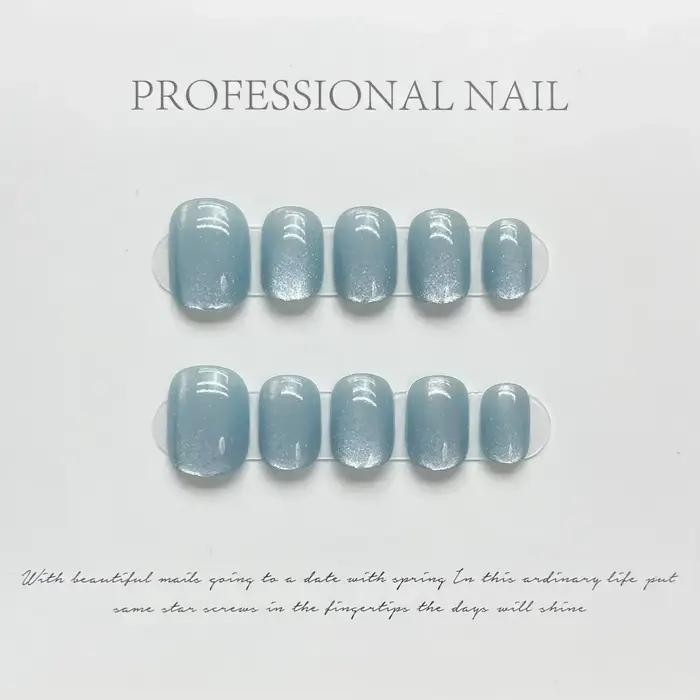 10 pièces ballerine courte presse à la main sur les ongles bleu oeil de chat faux ongles portable on