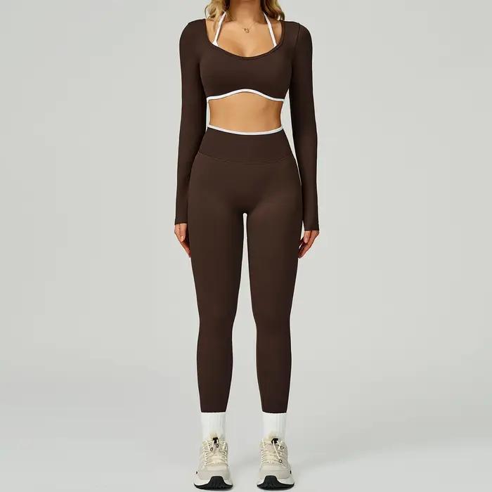 Ensemble de yoga 2 pièces sans couture pour femme, tenue de sport sexy à manches longues et crop top