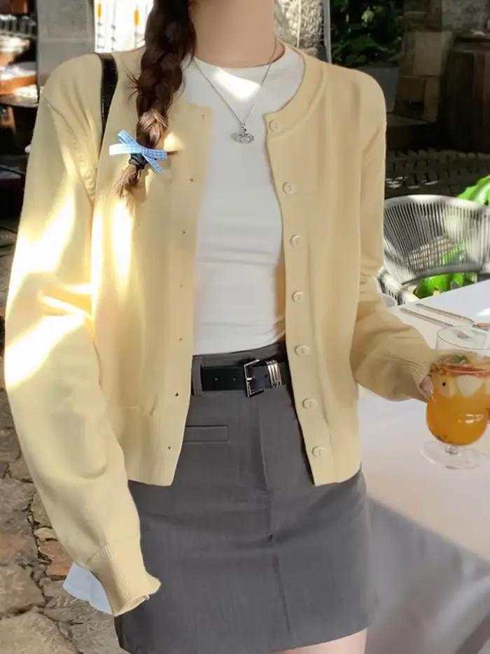 Cardigan à manches longues et col rond pour femme, tricot boutonné, simple boutonnage, printemps-aut