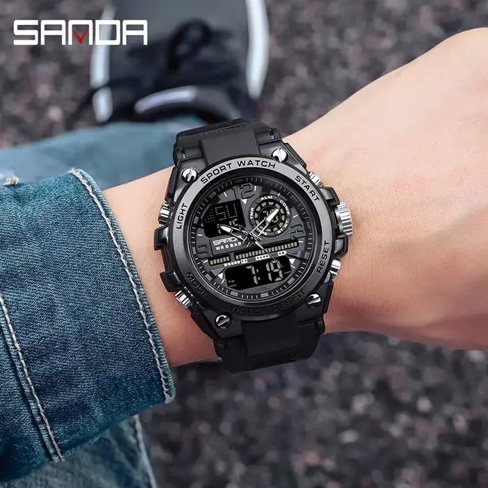 SANDA hommes sport montres à Quartz double affichage LED électronique numérique montres étanche mont