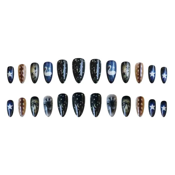 Faux ongles Style étoile lune, 24 pièces, nœuds papillon en forme de cygne blanc, motif floral impri