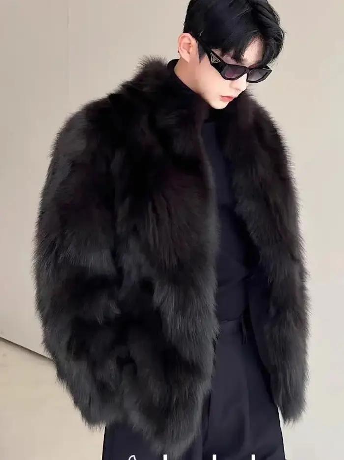 Imitation de fourrure épaissie hommes fausse fourrure de renard manteau mâle chaud pardessus à manch