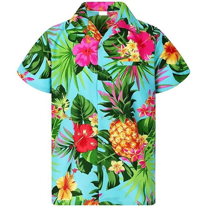 Funky femmes chemise hawaïenne poche frontale feuilles fleurs ananas imprimé femmes hauts et chemisi
