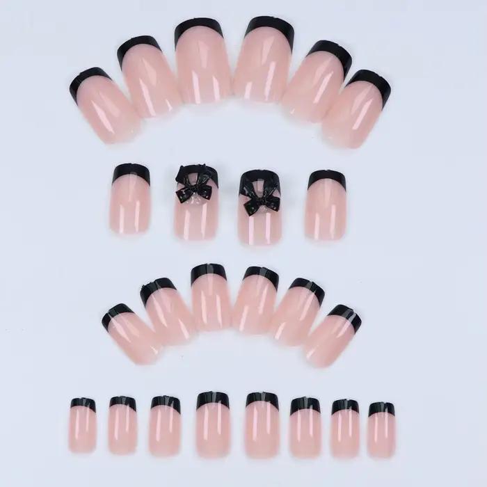 24 pièces presse sur ongles nœud papillon noir presse sur ongles blanc perle douce pointe française