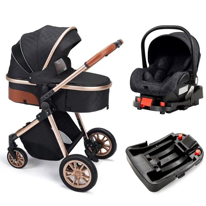 Landau de luxe 3 en 1, poussette pour bébé de paysage haut avec siège réversible, poussette pliante