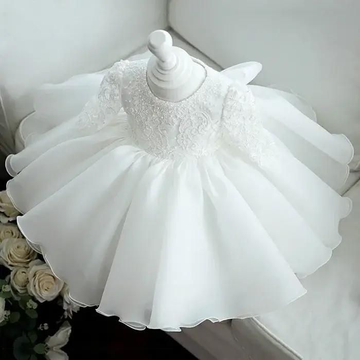 Robe blanche à sequins pour bébé fille, vêtements à manches longues, robe de baptême pour nouveau-né