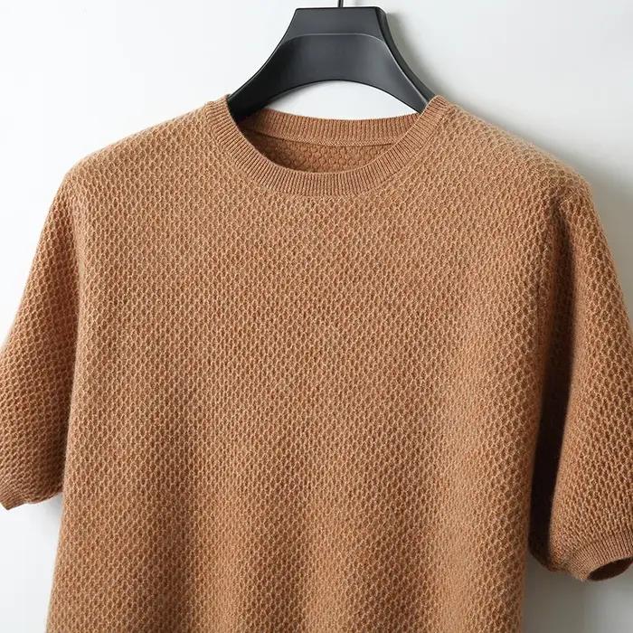 T-Shirt tricoté en laine mérinos pour hommes, col rond, aiguille en nid d'abeille, gilet à manches c