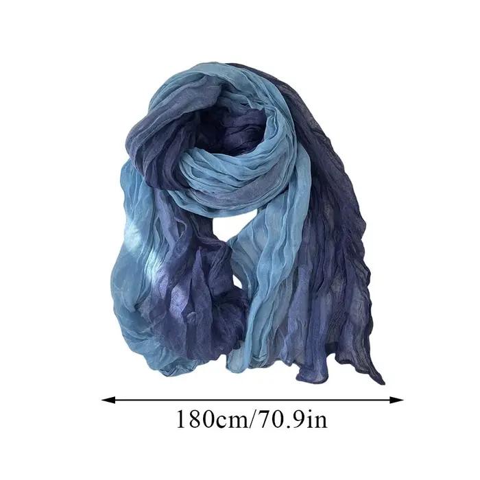 Écharpe en Coton et Chanvre pour Femme, Dégradé Bleu, Rétro Polyvalent, Imprimé, Long, Châle Doux, N
