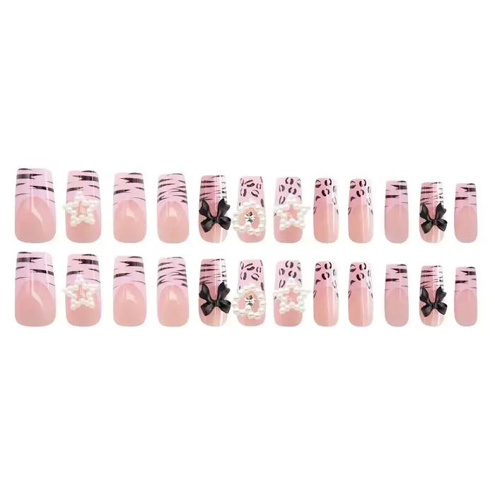 Faux ongles français à motif zèbre rose, à pression, en forme de cercueil, carrés moyens, Y2k, couve
