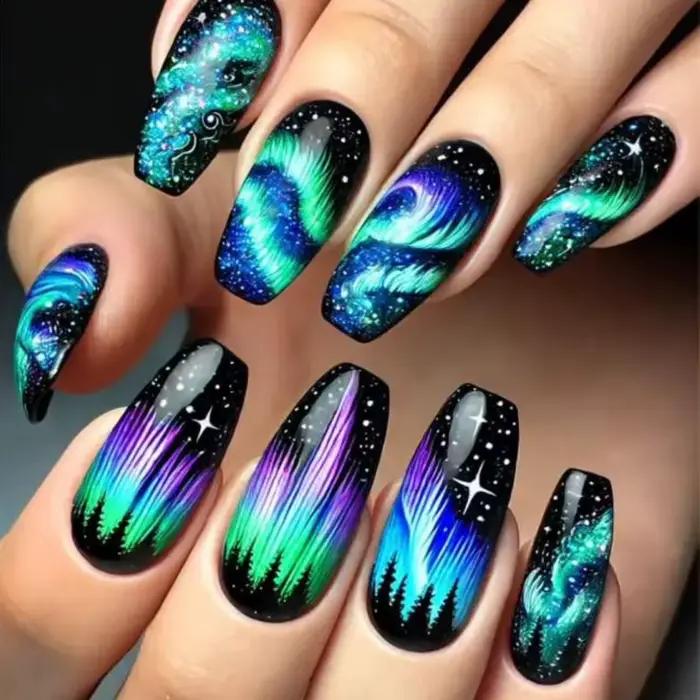 24 pièces/ensemble faux ongles mi-longs pour femmes filles Y2K dégradé violet bleu jaune vert carré