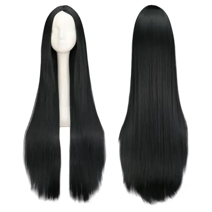 Perruque Synthétique Longue Noire de 100cm/40 ans, Cheveux Lisses, Degré de Chaleur, Costume de Carn