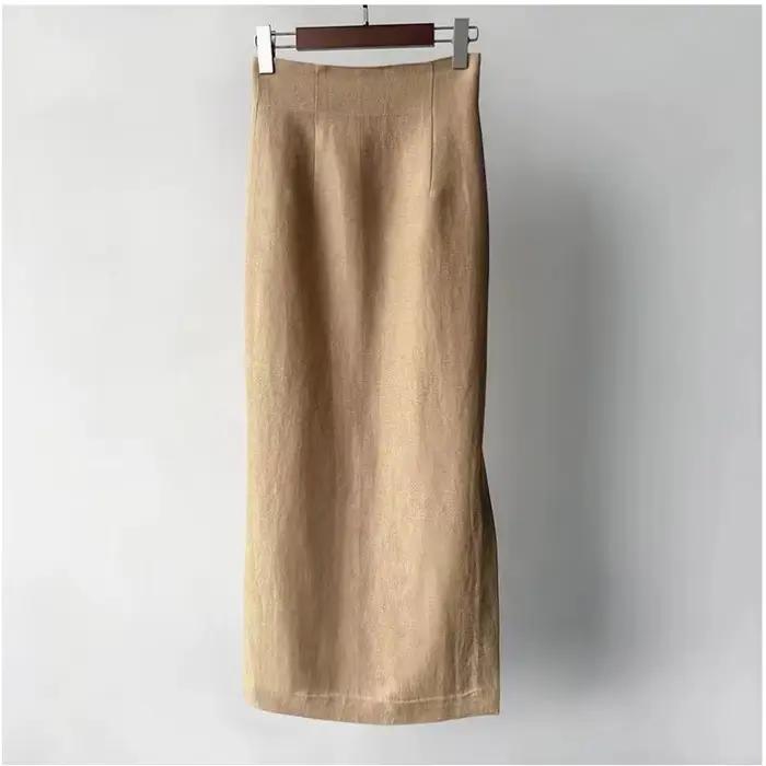 Jupe simple taille haute en lin et laine, atmosphère artistique espagnole, ourlet texturé, fente lat