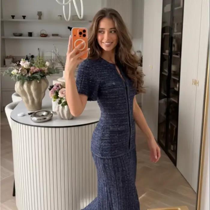 Nouvelle Robe Midi Élégante en Tweed Bleu Marine pour Femme 2026, Manches Courtes, Effet Deux Pièces