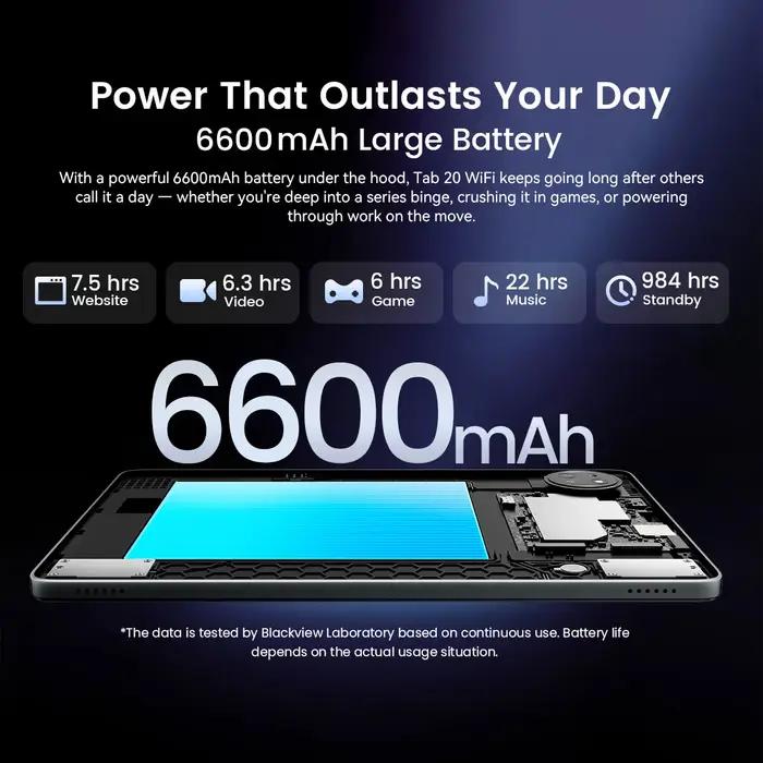 Tablette Blackview Tab 20 WIFI 10,1'' HD+ IPS Display Widevine L1 4 Go 64 Go Unisoc T310 Android 15